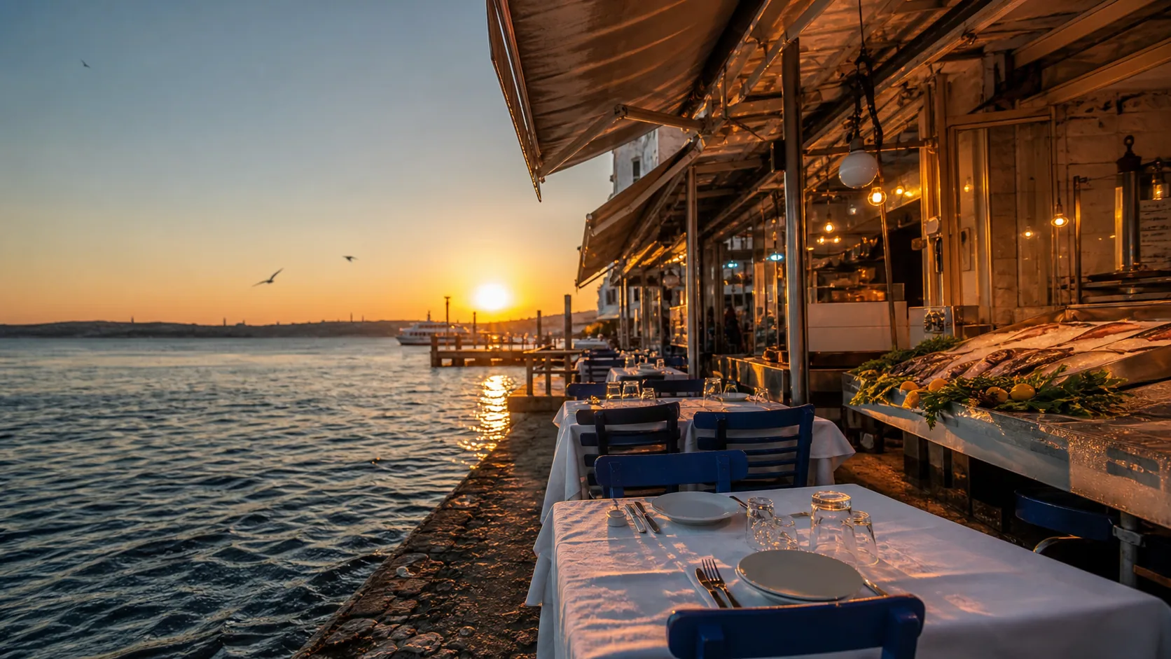 Büyükada sahilinde Pelikan Balıkçısı masa düzeni ve gün batımı
