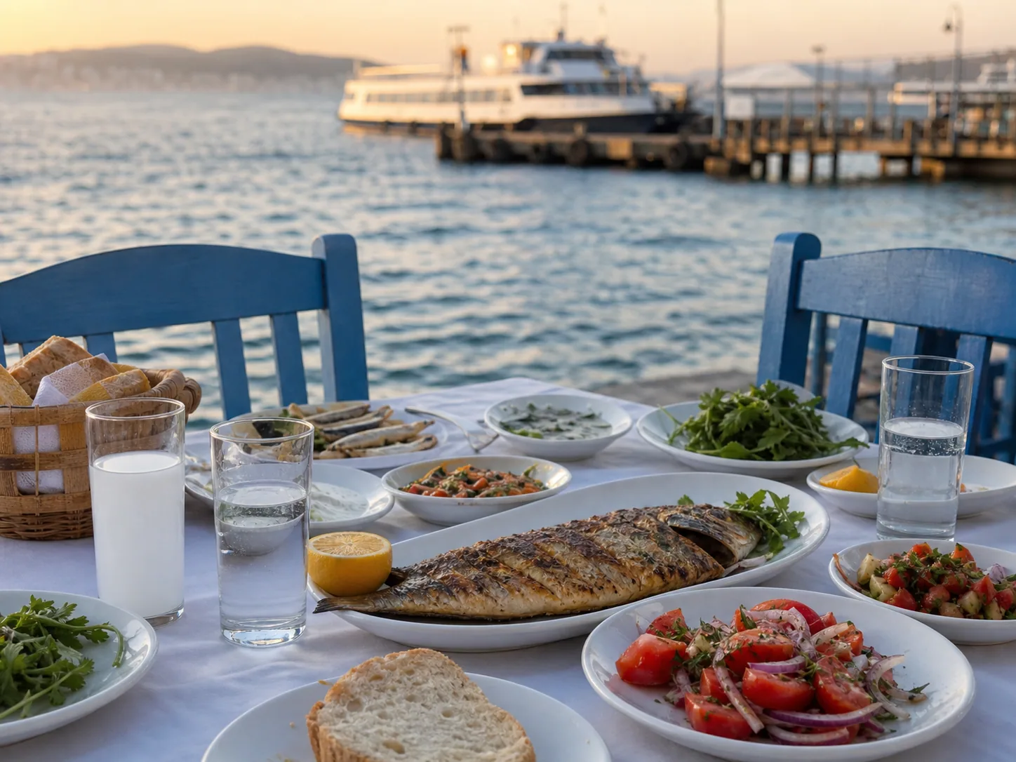 Deniz kenarında balık ve meze sofrası